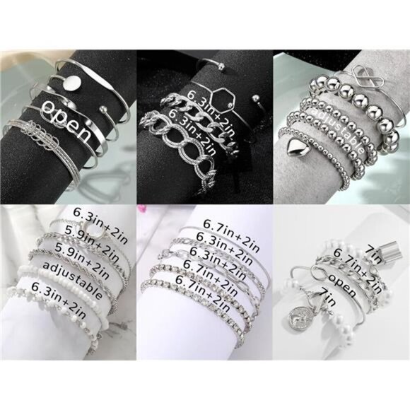 Stylish Silver Bracelet and Bangle Set – Multi-Layered Chain, Beaded & Cuff - Picture 5 of 8